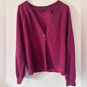 Burgundy button up sweater.